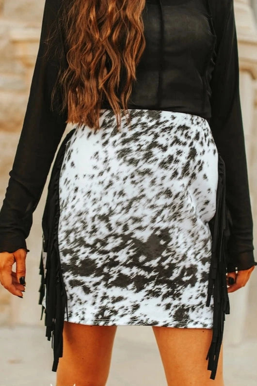 Cow Hide Printed Double Suede Fringe Skirt