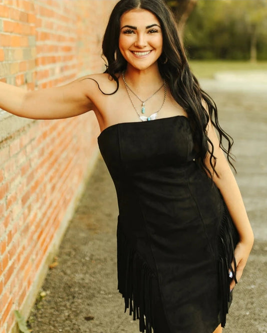 Black Suede Fringe Dress