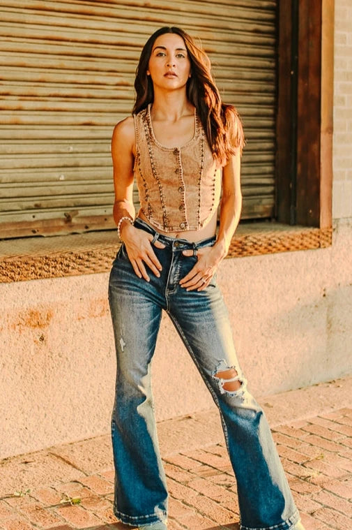 Plus Size Brown Denim Stretch Button Down Studded Top