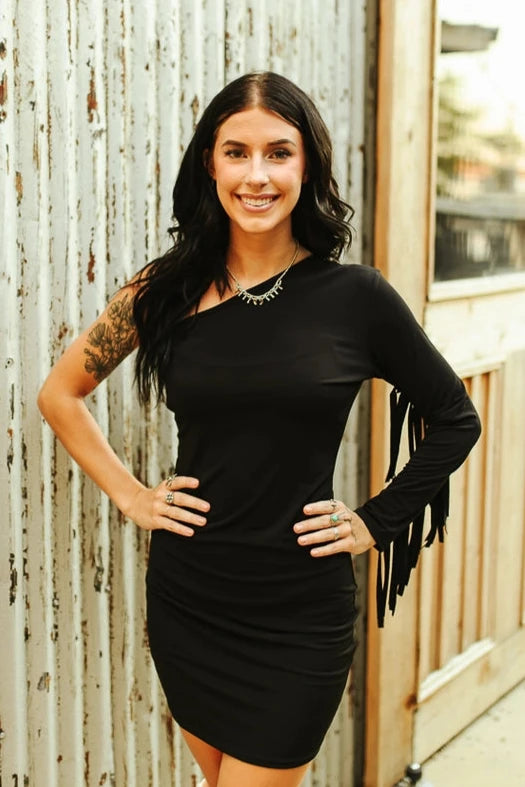 Black One Shoulder Long Sleeve Fringe Mid-Thigh Dress